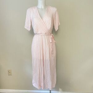 ROW•A Striped short sleeved tie front jumpsuit‎ in pink/ white lined sz Small